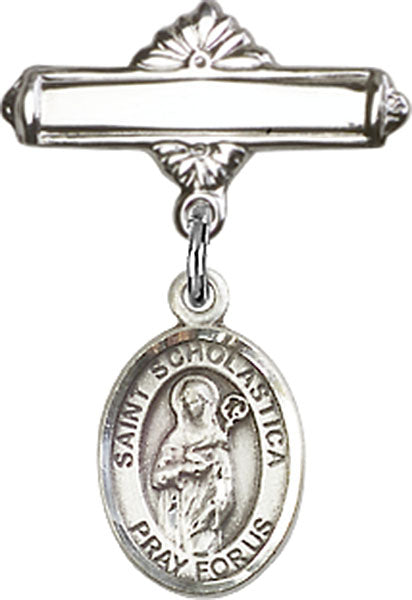 Sterling Silver Baby Badge with St. Scholastica Charm and Polished Badge Pin