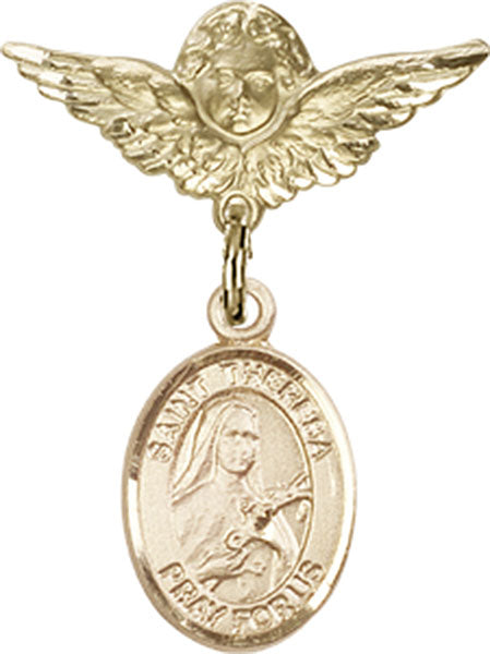 14kt Gold Filled Baby Badge with St. Theresa Charm and Angel w/Wings Badge Pin