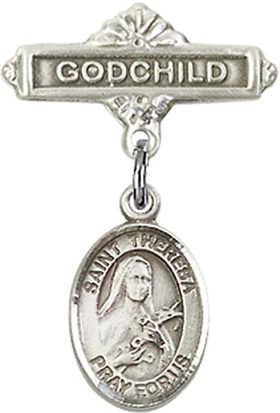 Sterling Silver Baby Badge with St. Theresa Charm and Godchild Badge Pin