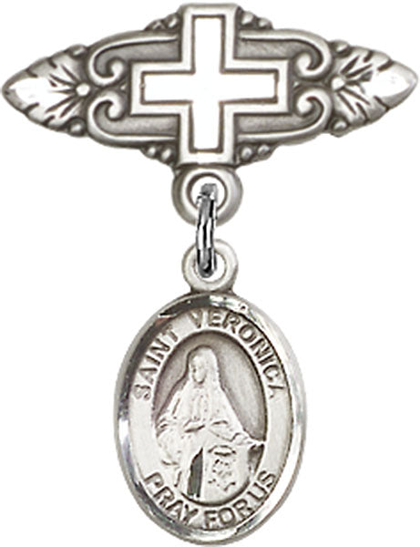 Sterling Silver Baby Badge with St. Veronica Charm and Badge Pin with Cross