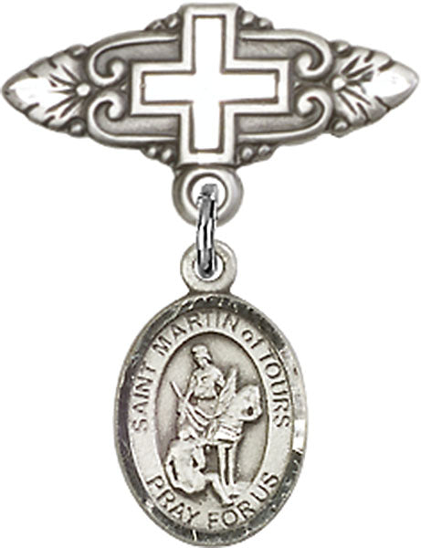 Sterling Silver Baby Badge with St. Martin of Tours Charm and Badge Pin with Cross