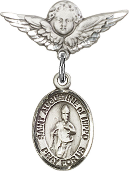 Sterling Silver Baby Badge with St. Augustine of Hippo Charm and Angel w/Wings Badge Pin