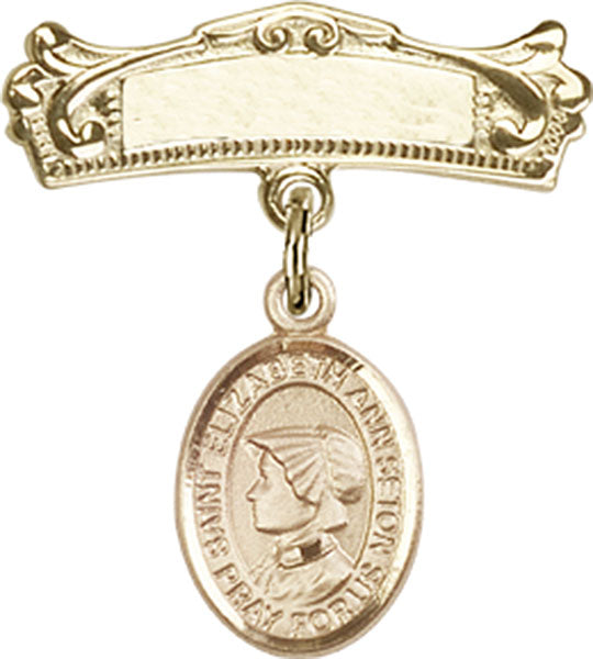 14kt Gold Baby Badge with St. Elizabeth Ann Seton Charm and Arched Polished Badge Pin