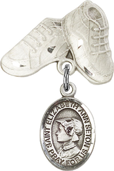 Sterling Silver Baby Badge with St. Elizabeth Ann Seton Charm and Baby Boots Pin