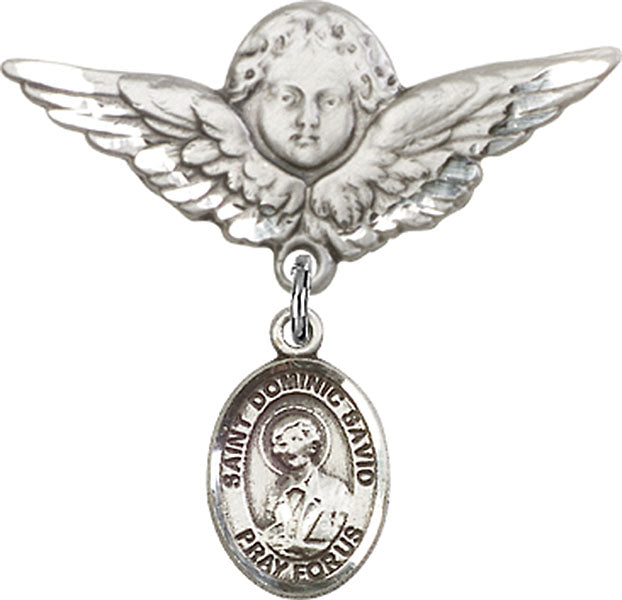 Sterling Silver Baby Badge with St. Dominic Savio Charm and Angel w/Wings Badge Pin