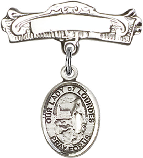 Sterling Silver Baby Badge with O/L of Lourdes Charm and Arched Polished Badge Pin
