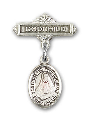 Sterling Silver Baby Badge with St. Rose Philippine Charm and Godchild Badge Pin
