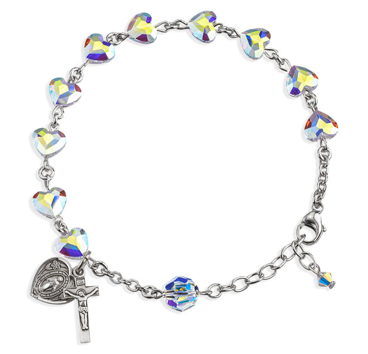 Sterling Silver Rosary Bracelet Created with 8mm Aurora Borealis Swarovski Crystal Heart Shape Beads by HMH