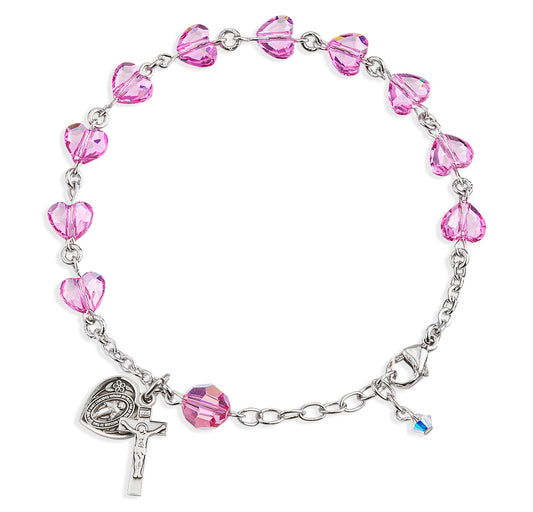 Sterling Silver Rosary Bracelet Created with 8mm Pink Swarovski Crystal Heart Shape Beads by HMH
