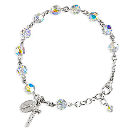 Sterling Silver Rosary Bracelet Created with 7mm Aurora Borealis Swarovski Crystal Round Beads by HMH
