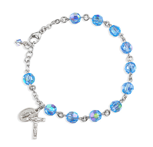 Sterling Silver Rosary Bracelet Created with 7mm Light Sapphire Swarovski Crystal Round Beads by HMH