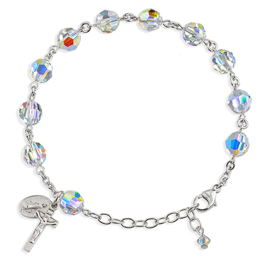 Sterling Silver Rosary Bracelet Created with 8mm Aurora Borealis Swarovski Crystal Round Beads by HMH
