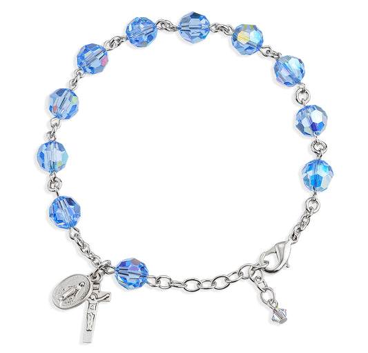 Sterling Silver Rosary Bracelet Created with 8mm Light Sapphire Swarovski Crystal Round Beads by HMH