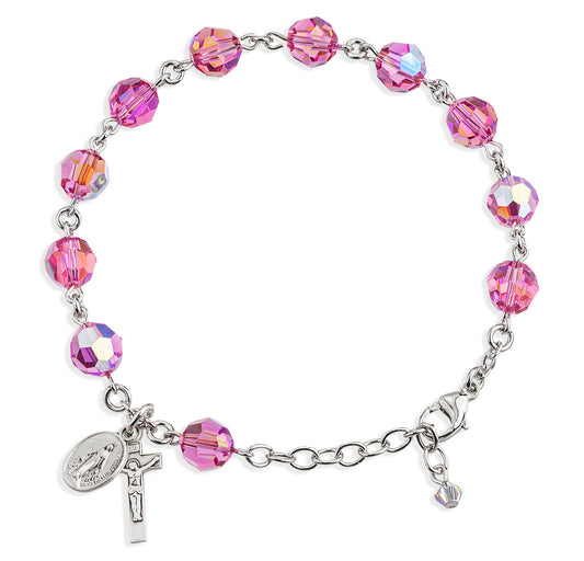 Sterling Silver Rosary Bracelet Created with 8mm Pink Swarovski Crystal Round Beads by HMH