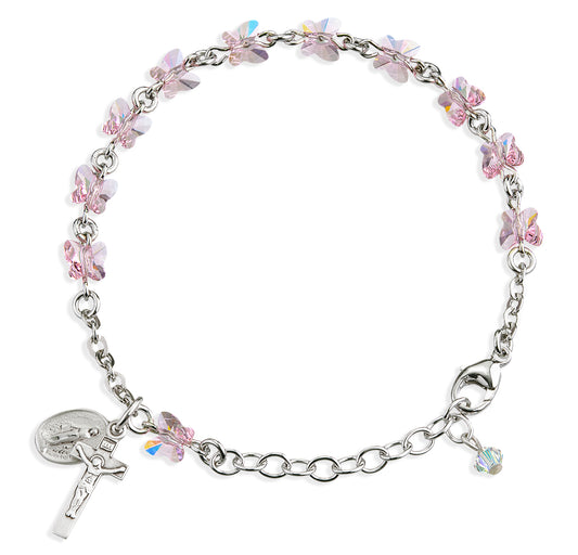 Sterling Silver Rosary Bracelet Created with 6mm Light Rose Swarovski Crystal Butterfly Beads by HMH