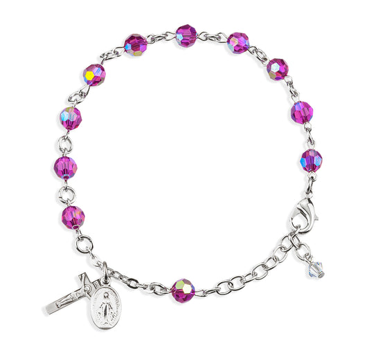 Sterling Silver Rosary Bracelet Created with 6mm Fuchsia Swarovski Crystal Round Beads by HMH
