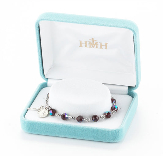 Sterling Silver Rosary Bracelet with 6mm Garnet Swarovski Crystal Round Beads