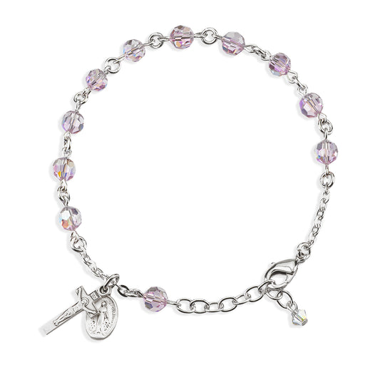 Sterling Silver Rosary Bracelet Created with 6mm Light Amethyst Swarovski Crystal Round Beads by HMH