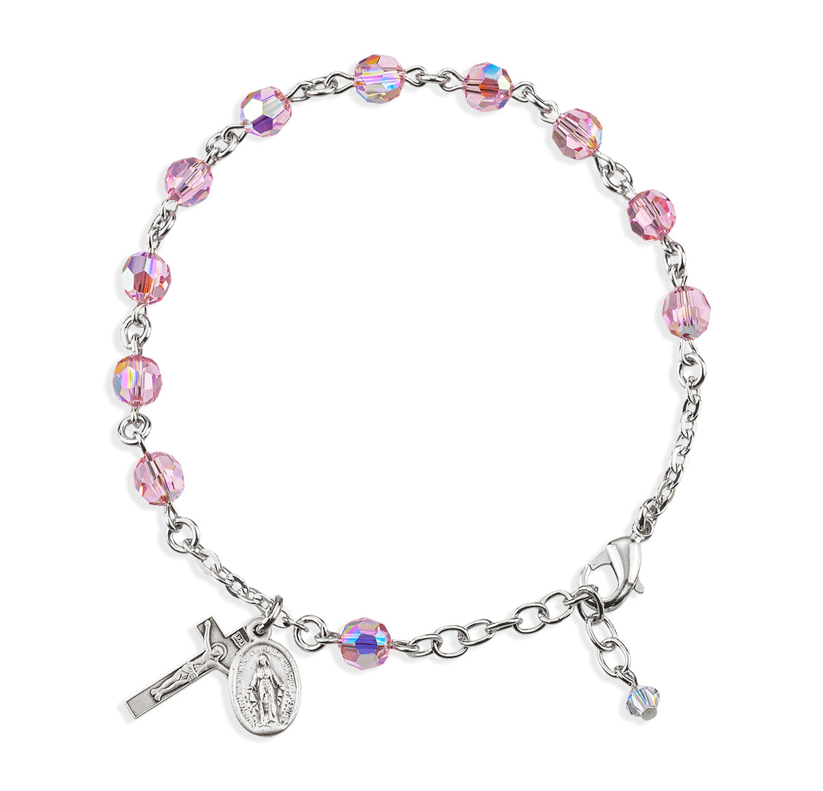 Sterling Silver Rosary Bracelet Created with 6mm Light Rose Finest Austrian Crystal Round Beads by HMH