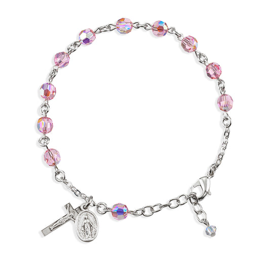 Sterling Silver Rosary Bracelet Created with 6mm Light Rose Swarovski Crystal Round Beads by HMH