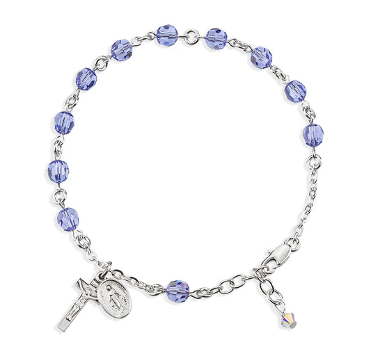 Sterling Silver Rosary Bracelet Created with 6mm Tanzanite Swarovski Crystal Round Beads by HMH