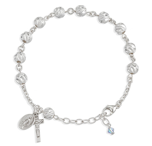 Swirl Semi-Frosted Round Sterling Silver Rosary Bracelet