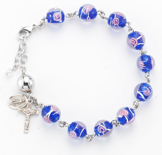Venetian Style Round Blue with Pink Flowers Glass Bead Rosary Bracelet