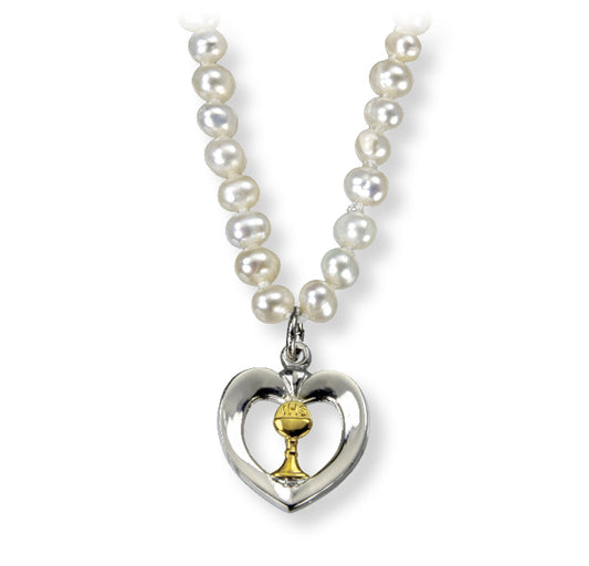 Freshwater Pearl Necklace with a Gold Over Sterling Silver First Communion Chalice Pendant