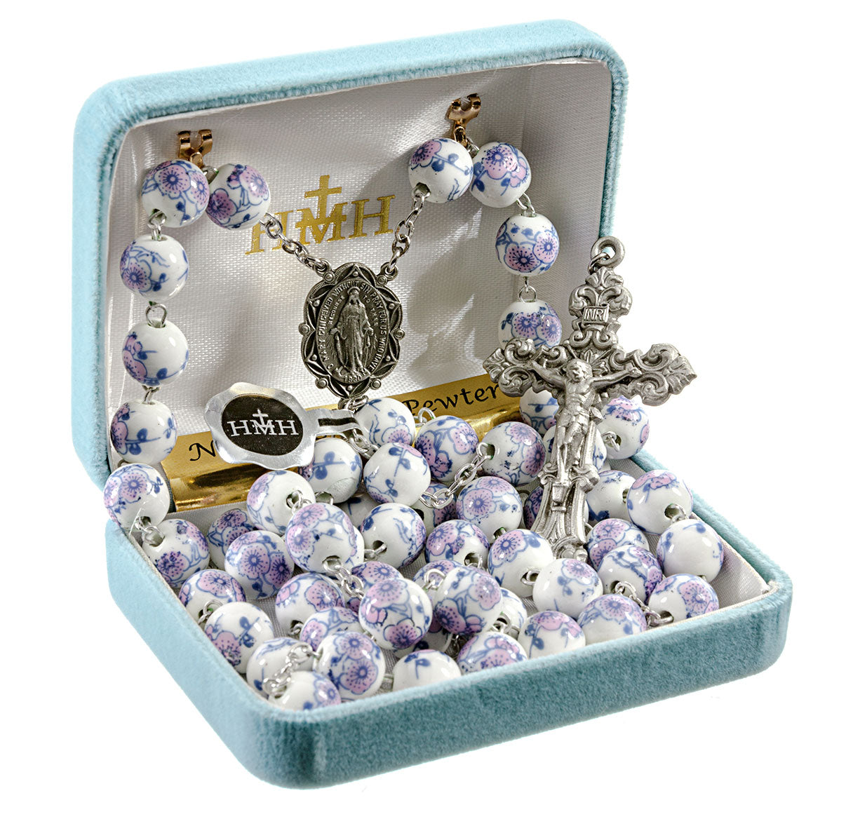 White and Violet Glass Flower Bead New England Pewter Rosary