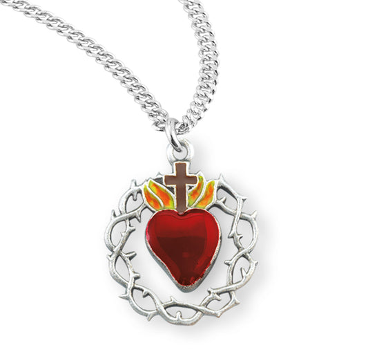 Sterling Silver Red Enameled Heart "Crown of Thorns" Medal