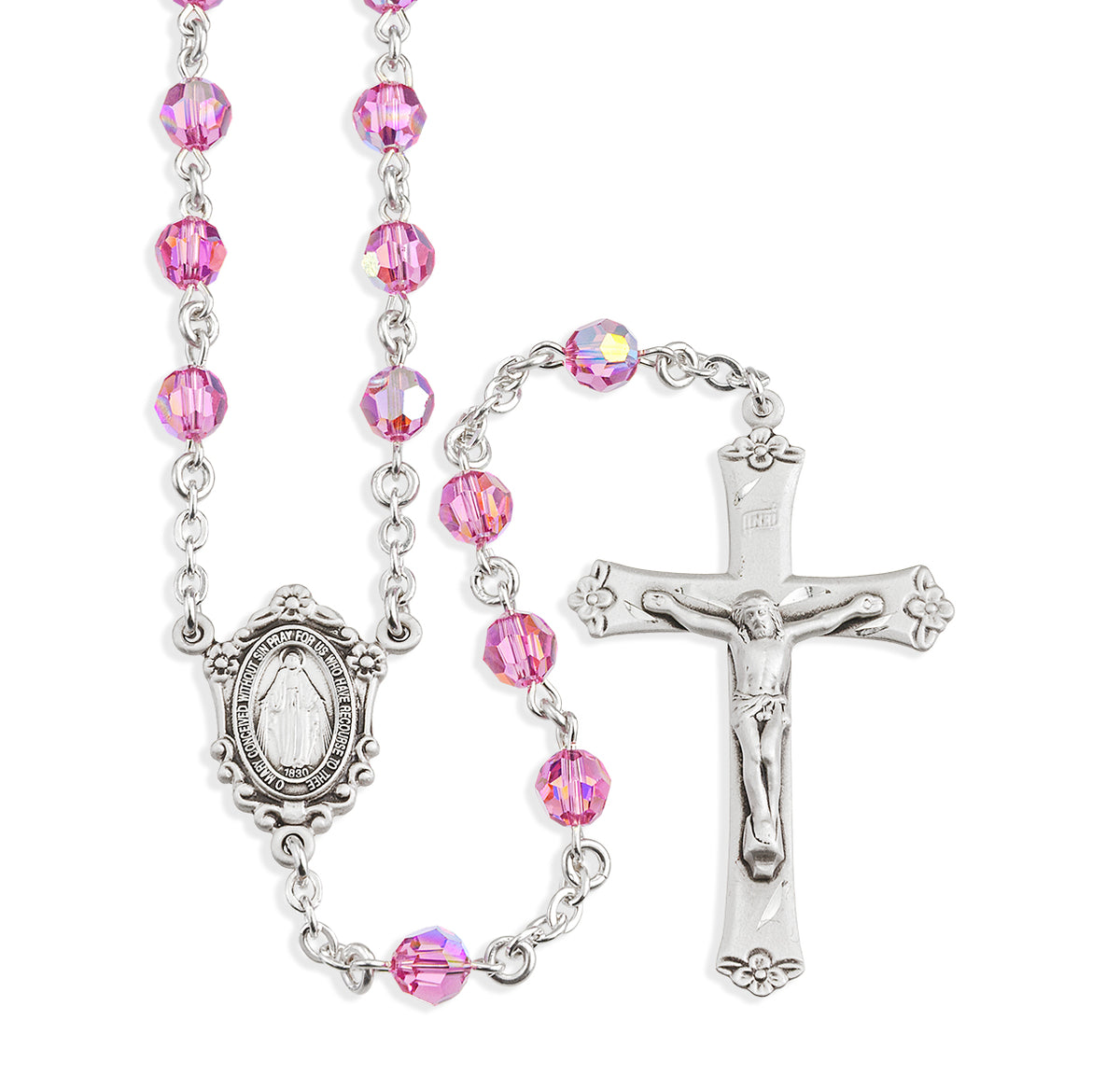 Sterling Silver Rosary Hand Made with finest Austrian Crystal 6mm Pink Faceted Round Beads by HMH