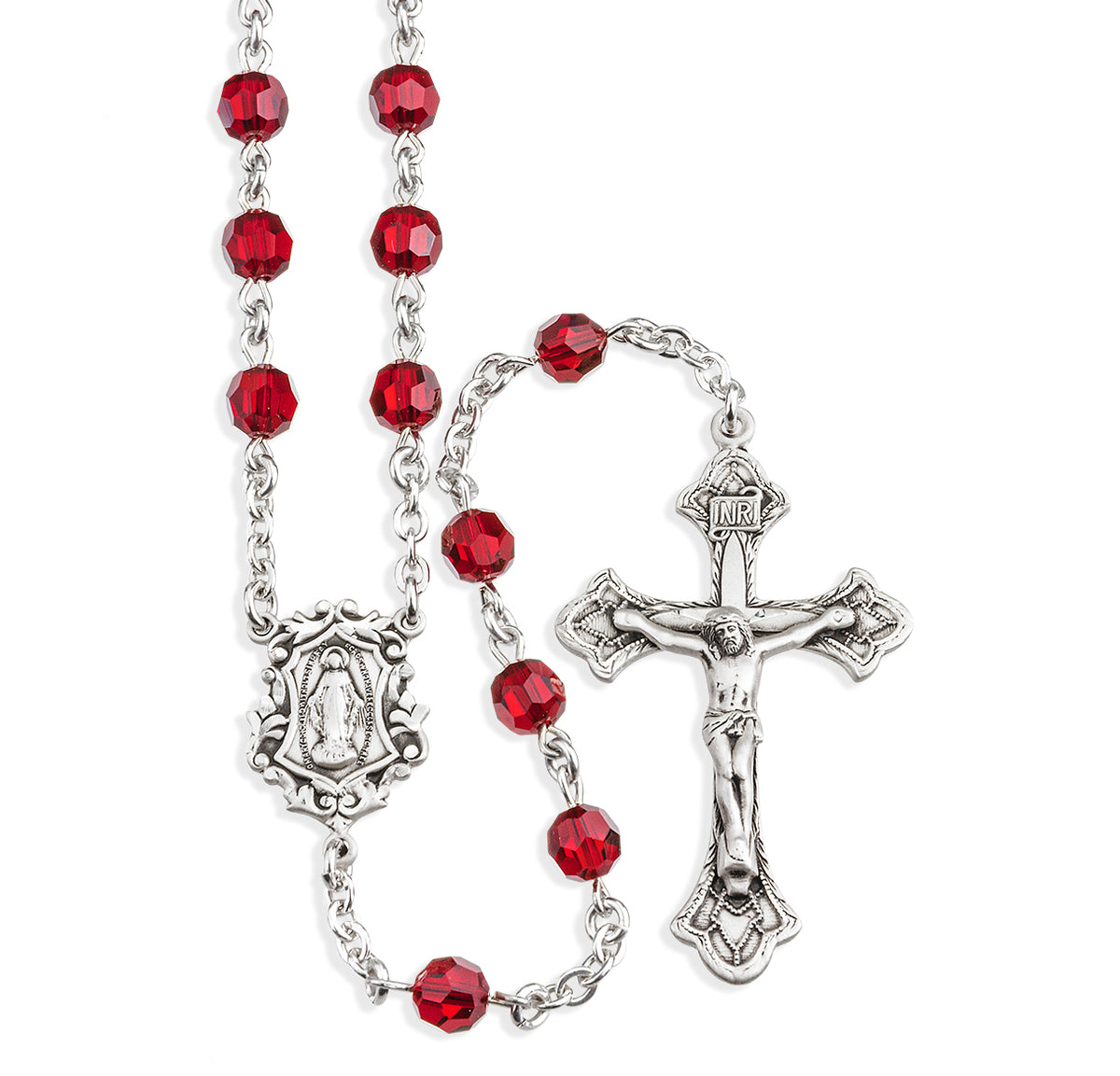 Sterling Silver Rosary Hand Made with finest Austrian Crystal 6mm Ruby Faceted Round Beads by HMH
