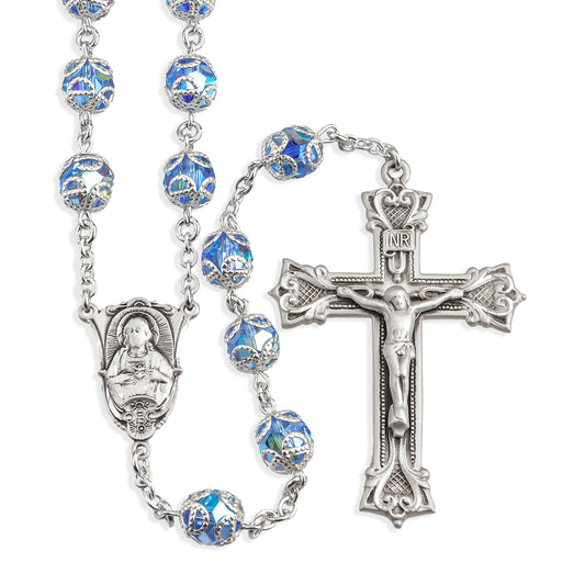 Sterling Silver Rosary Hand Made with Swarovski Crystal 8mm Light Sapphire Double Capped Beads by HMH