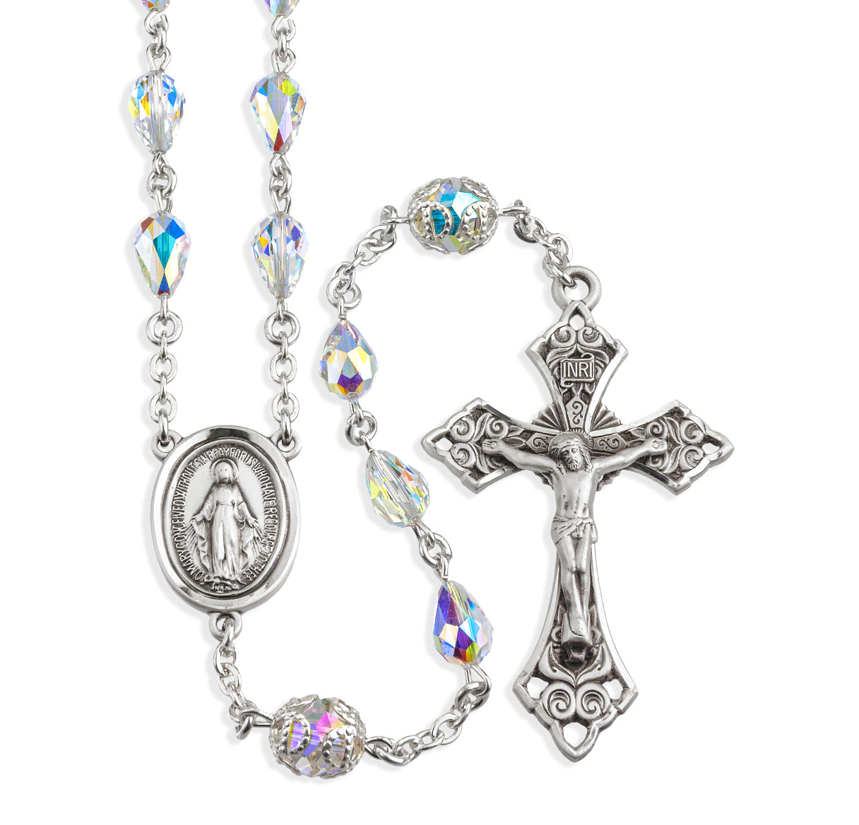 Aurora Tear Shape Swarovski Crystal Sterling Silver Rosary