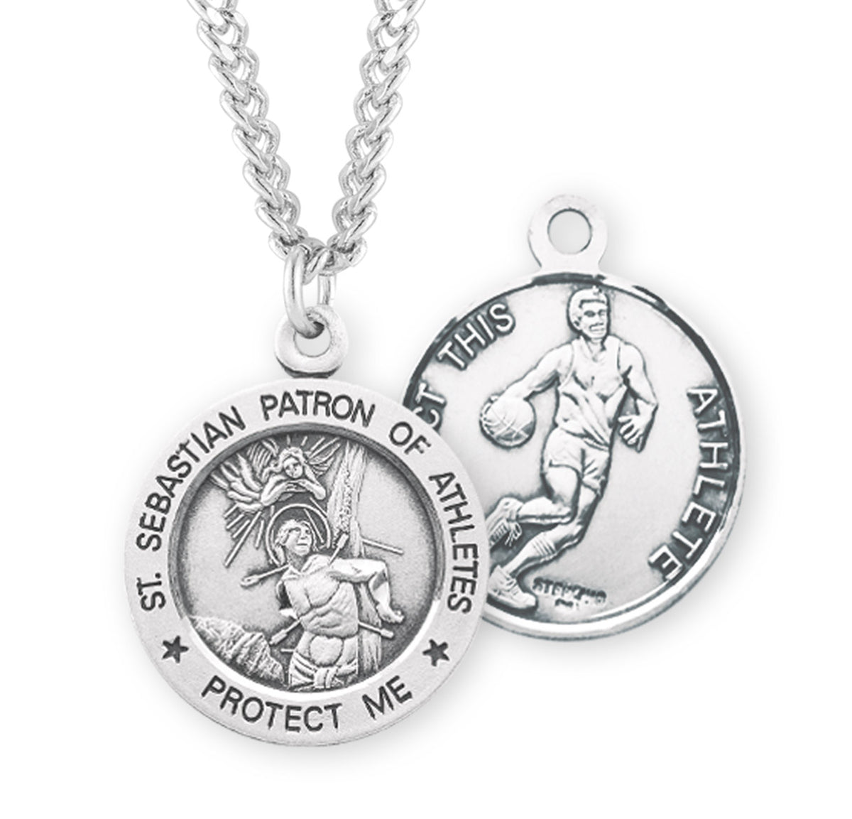 Saint Sebastian Round Sterling Silver Basketball Male Athlete Medal