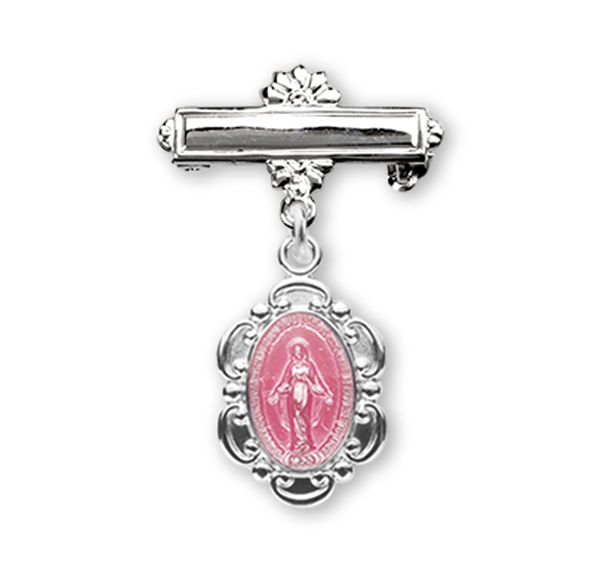 Pink Enameled Sterling Silver Oval Fancy Edge Miraculous Baby Medal on a Bar Pin