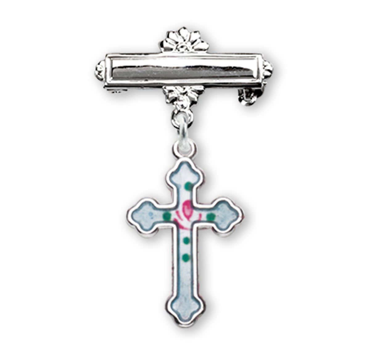 Sterling Silver Rosebud Blue Enameled Baby Cross Pin
