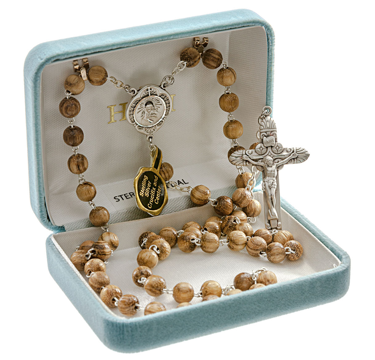 Olive Wood 6mm Round Bead Rosary Sterling Crucifix and Centerpiece