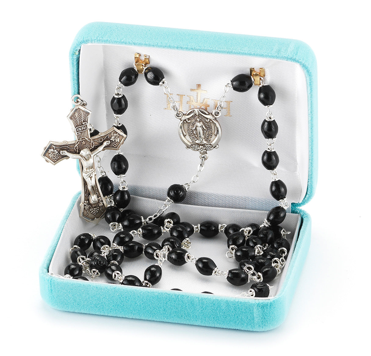 Black Oval Boxwood Rosary Sterling Crucifix and Centerpiece