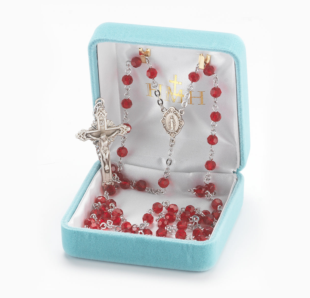 Round Ruby Bead Rosary Sterling Crucifix and Centerpiece