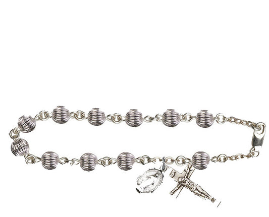 6mm Sterling Silver Corregated  Rosary Bracelet