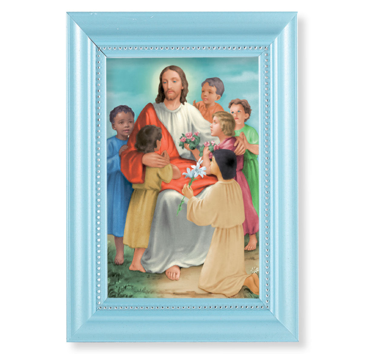 Christ with Children Pearlized Blue Framed Art