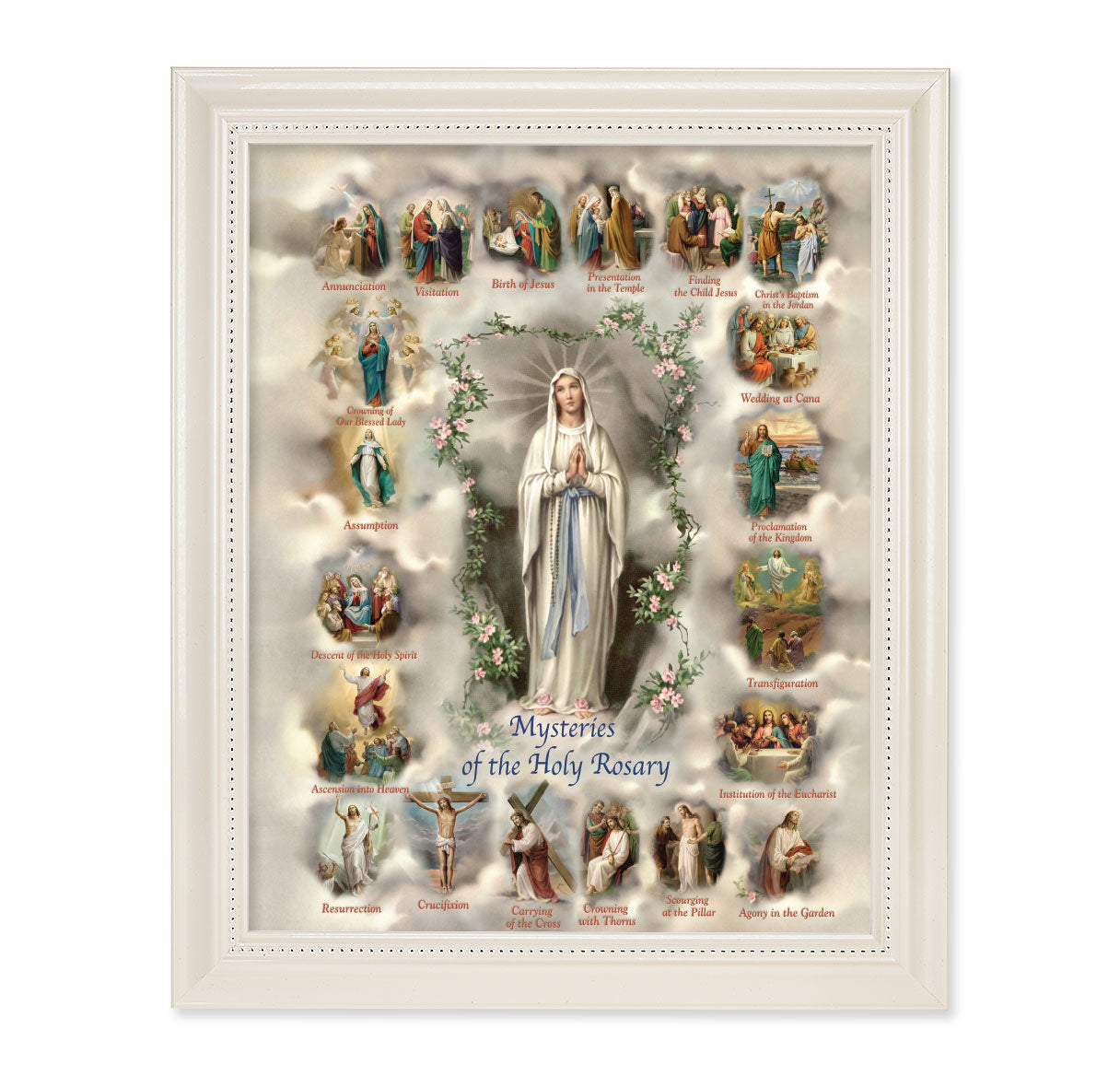 Mysteries of the Rosary Pearlized White Framed Art