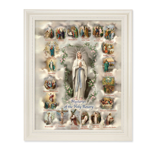 Mysteries of the Rosary Pearlized White Framed Art