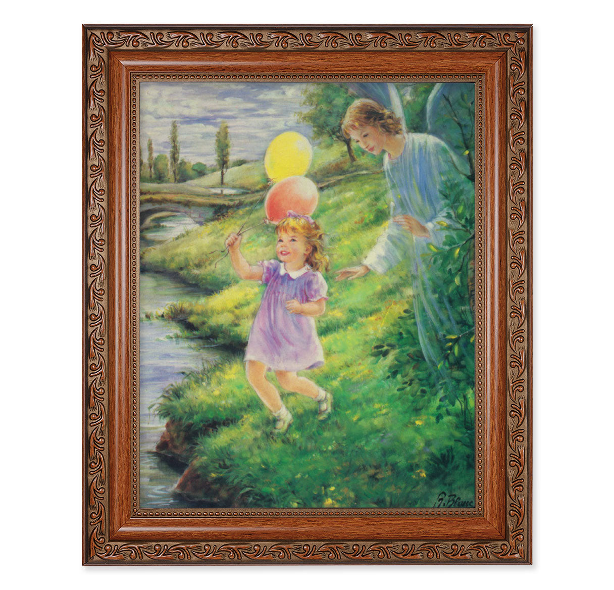 Guardian Angel with Girl Mahogany Finished Framed Art