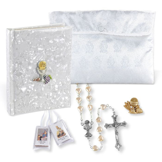 Deluxe White Pearlized Communion 5 Piece Gift Set