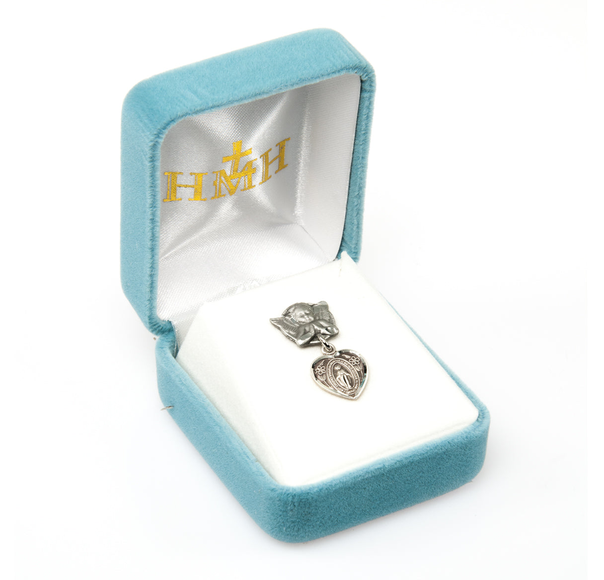 Heart Shape Baby Miraculous Medal in Sterling Silver on an Angel Pin
