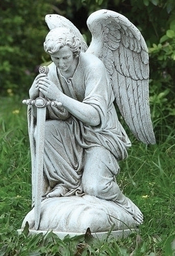 Kneeling Angel with Sword Outdoor Garden Statue 13.25"