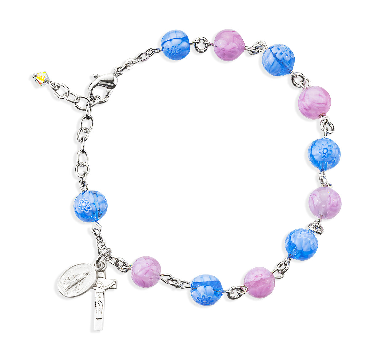 Blue and Pink Venetian Round Glass Bead Sterling Silver Rosary Bracelet