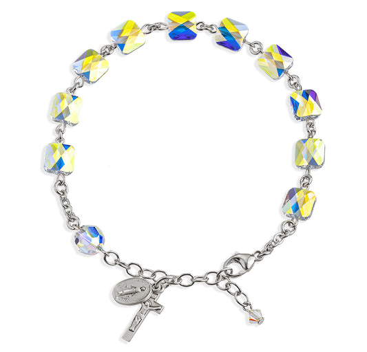 Sterling Silver Rosary Bracelet Created with 8mm Aurora Borealis Finest Austrian Crystal Multi-Faceted Square Beads by HMH